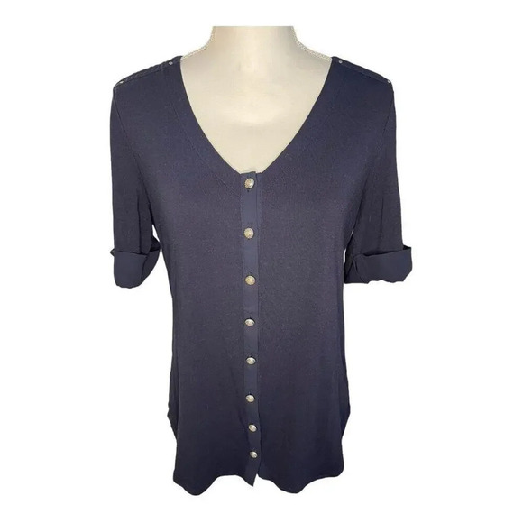 Carmen Marc Valvo Women’s Medium Navy Roll Tab Short Sleeved Button Down Top‎ - Picture 1 of 4